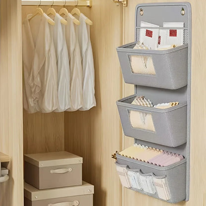 Gray Wall-Mounted Storage Organizer – Multi-Compartment Fabric Hanging Bag with Window & Hooks for Office or Closet