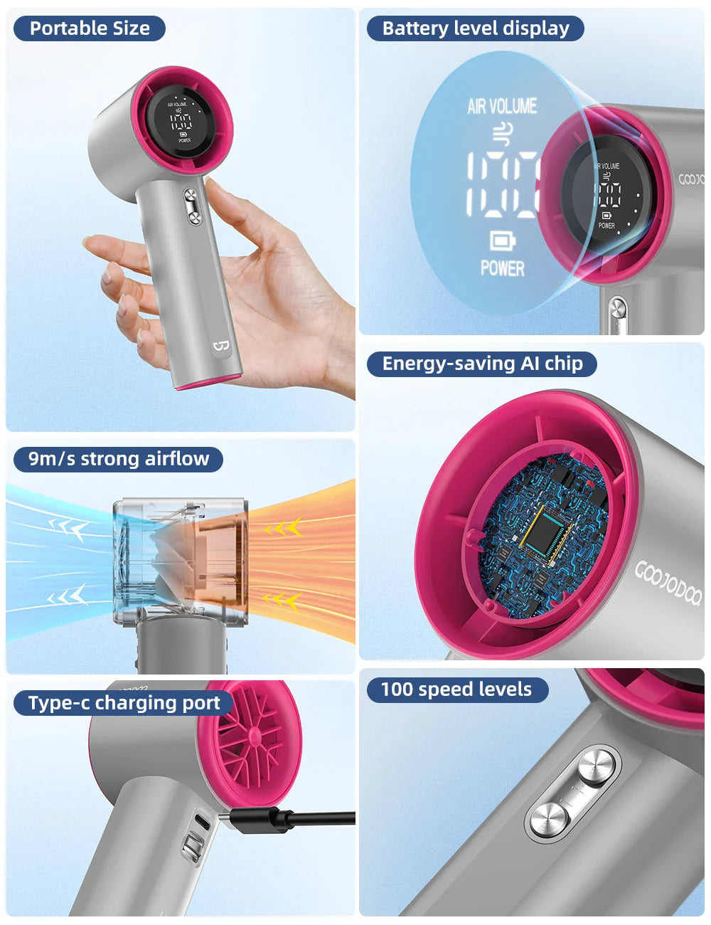 Mini Rechargeable Handheld Fan — Strong Wind with 100-Speed Digital Display
