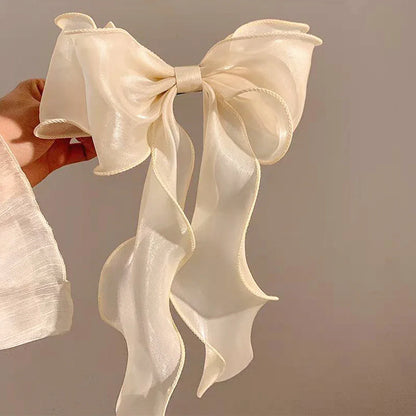 White Organza Bow Hair Clips – Fluttering Ribbon, French Fresh Premium Headdress, Large Hair Accessories for Women & Girls