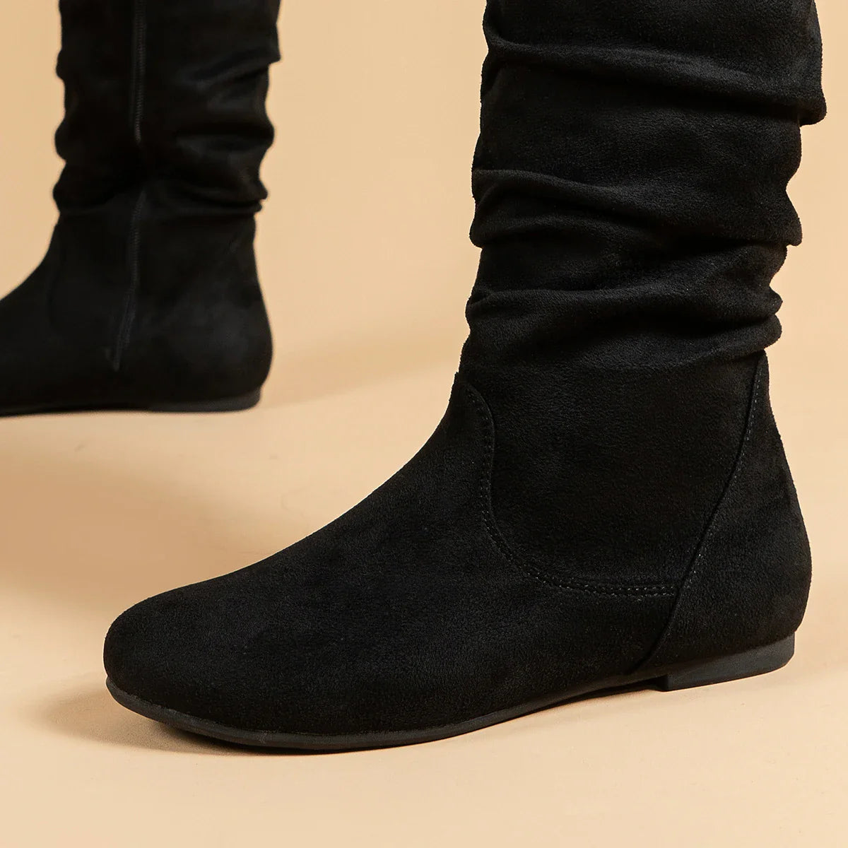 Pleated PU Women’s Fashion Boots – Casual Side-Zip Round Toe Flat High Solid Color Boots