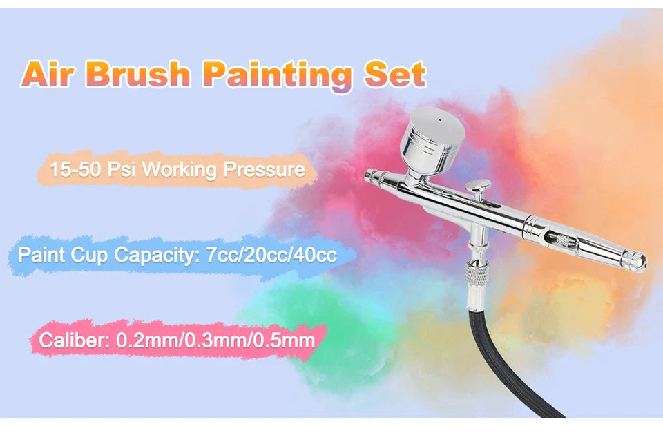 Dual-Action Gravity Airbrush Kit with 0.2/0.3/0.5mm Needles, 7/20/40cc Cups & Cleaning Tools for Makeup, Nail Art, Painting & Car Detailing