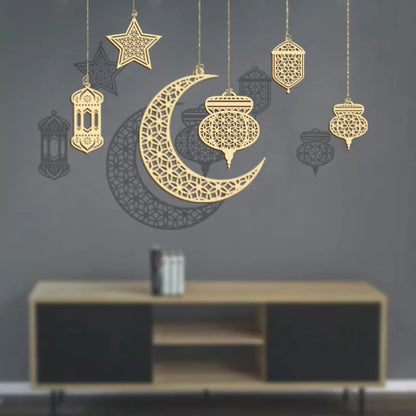 3Pcs Eid Mubarak Wooden Hanging Star Moon Pendants - DIY Ornament for Ramadan Kareem Home Decor and Gifts
