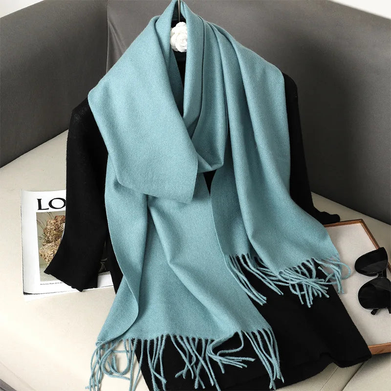 62-Color Solid Women’s Winter Scarf — Thick Warm Cashmere Pashmina Shawl with Tassels, Outdoor Luxury Wrap, Windproof Fashion Scarf