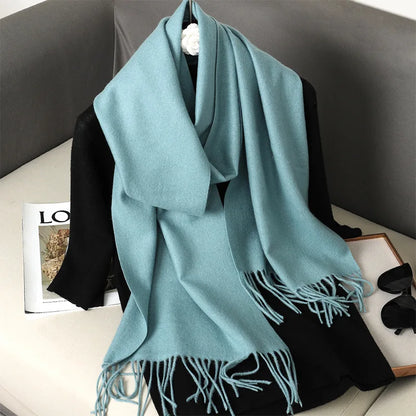 62-Color Solid Women’s Winter Scarf — Thick Warm Cashmere Pashmina Shawl with Tassels, Outdoor Luxury Wrap, Windproof Fashion Scarf