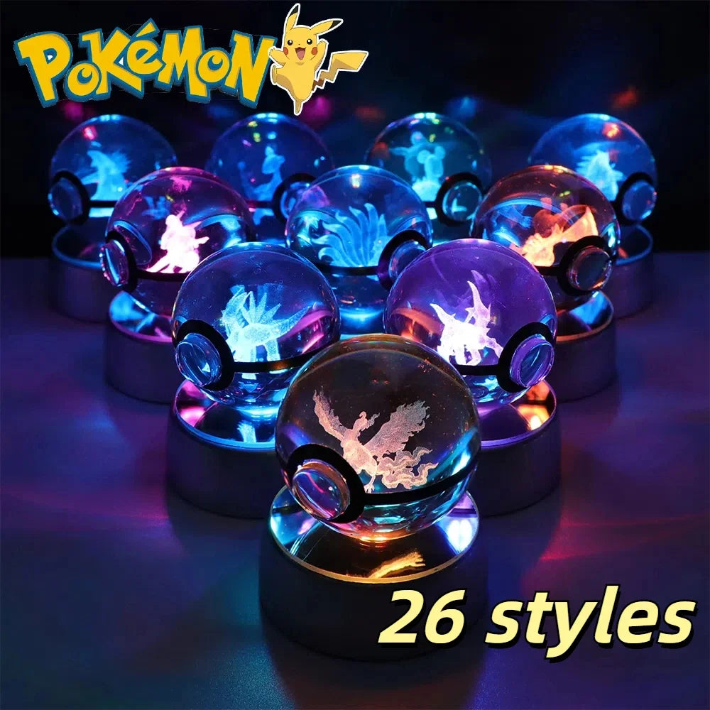 Pokémon 3D Crystal Ball LED Night Light – Pikachu Gengar Eevee Mewtwo Pokéball Base Lamp Kids Birthday & Home Decor Gift