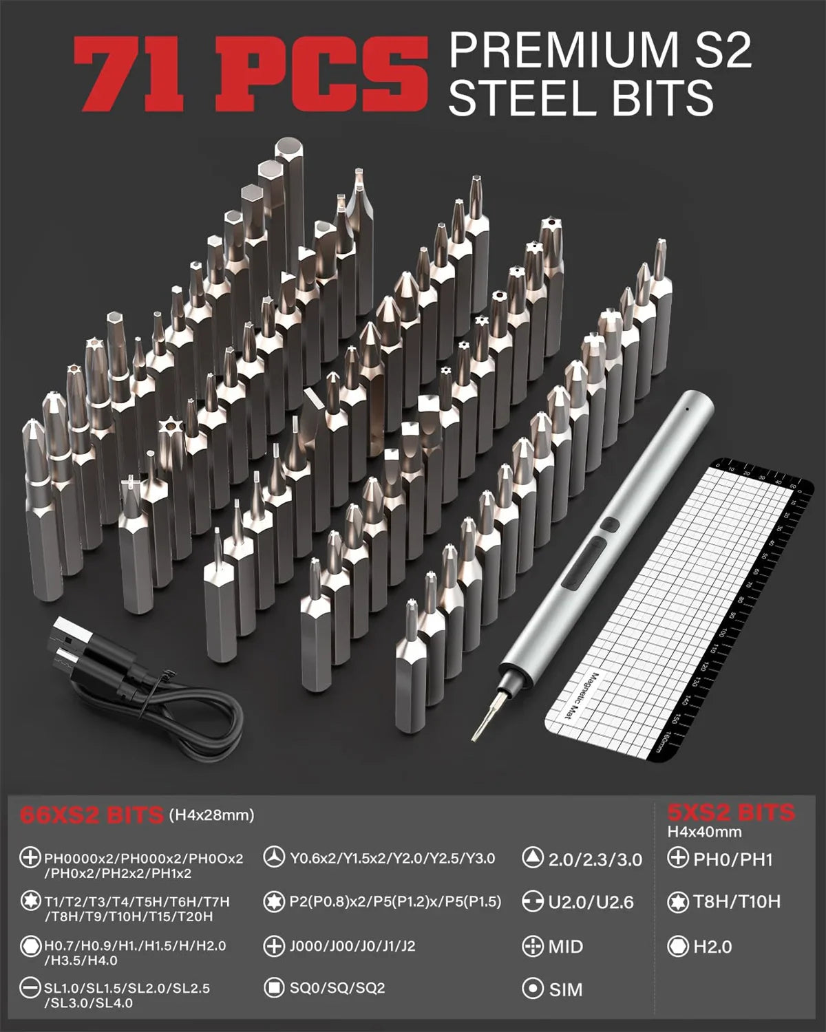 75-in-1 Precision Electric Screwdriver Set – 71 Magnetic Phillips & Torx Bits with 3 LED Lights