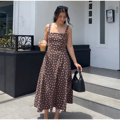 Elegant Women’s Polka Dot Maxi Dress – Chic Sleeveless Round Neck High Waist Slim Fit Vestido for Party & Street, 2025 New