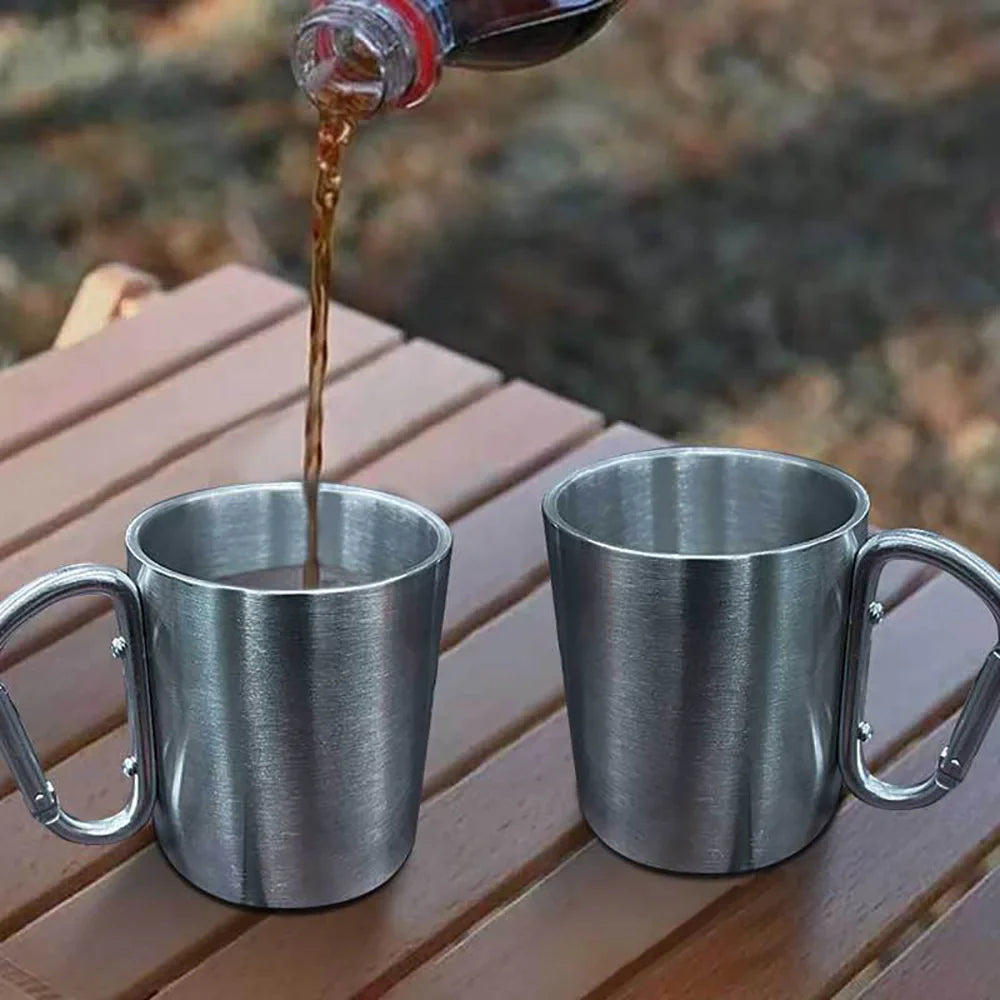 Stainless Steel Camping Mug with Carabiner Handle – Portable Outdoor Travel Water Cup for Hiking, Picnic & Adventure Use