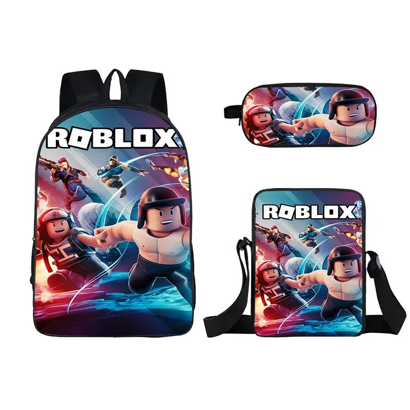 Kids Roblox 3-in-1 Backpack Set — School Bookbag, Shoulder Bag & Pencil Case Waterproof Travel Bag for Teens
