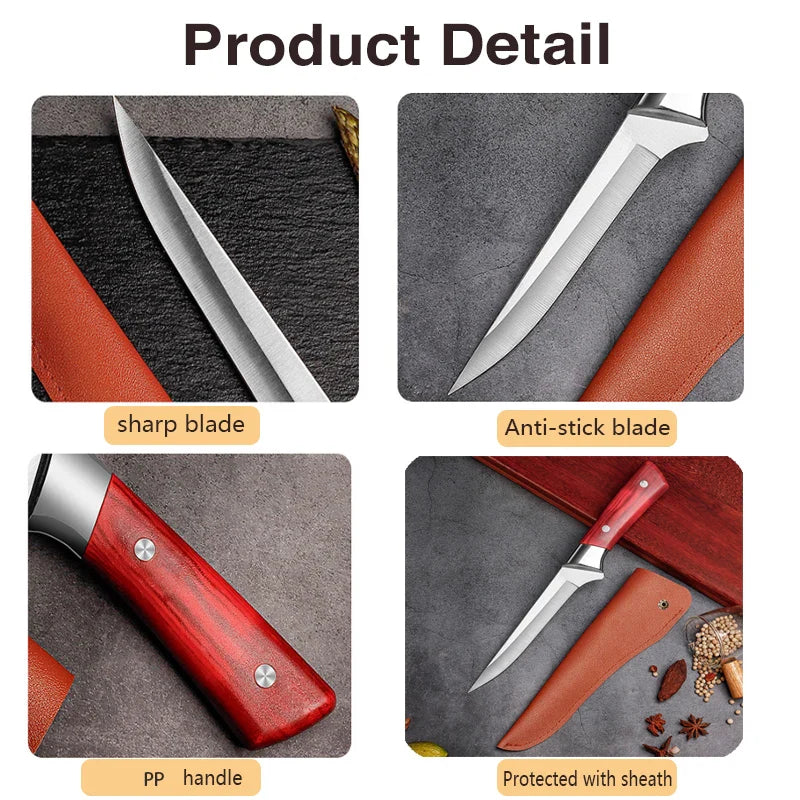 Stainless Steel Boning Knife – Kitchen Fruit Paring, Meat, Pork, Beef, and Fish Cutter with Chef Cleaver and Cover