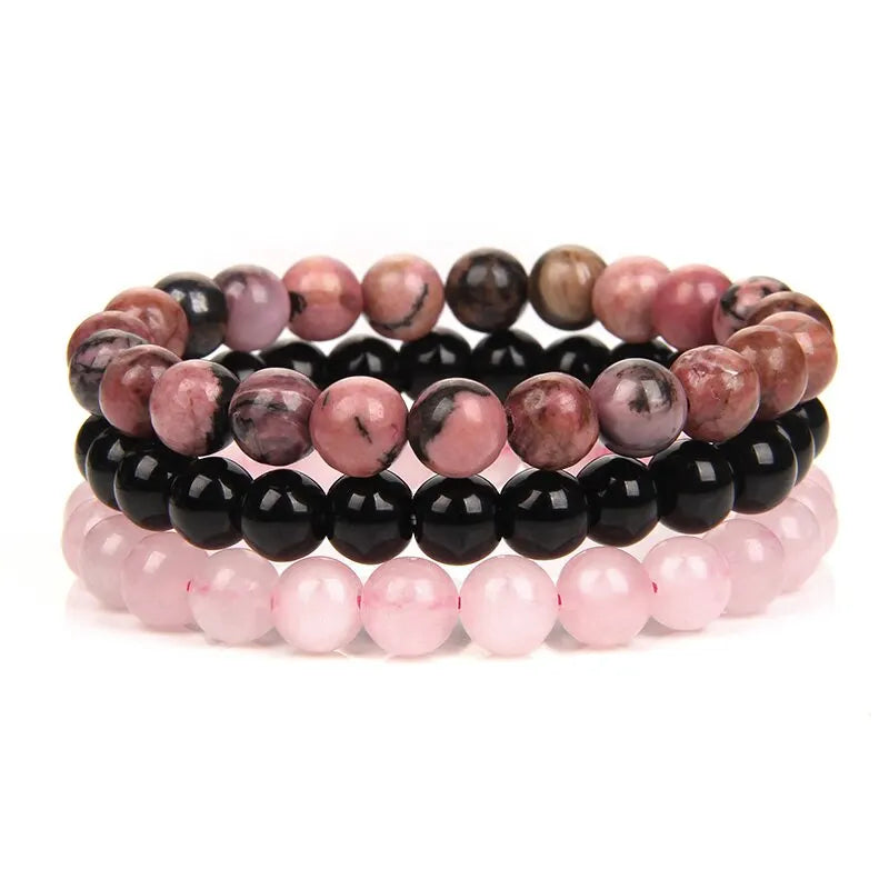 3Pcs Natural Stone Bracelet Set: 8mm Rhodonite, Rose Quartz, Amethysts, Hematite - Unisex Jewelry for Women & Men