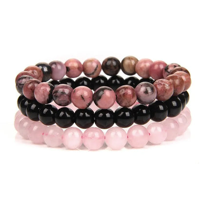 3Pcs Natural Stone Bracelet Set: 8mm Rhodonite, Rose Quartz, Amethysts, Hematite - Unisex Jewelry for Women & Men