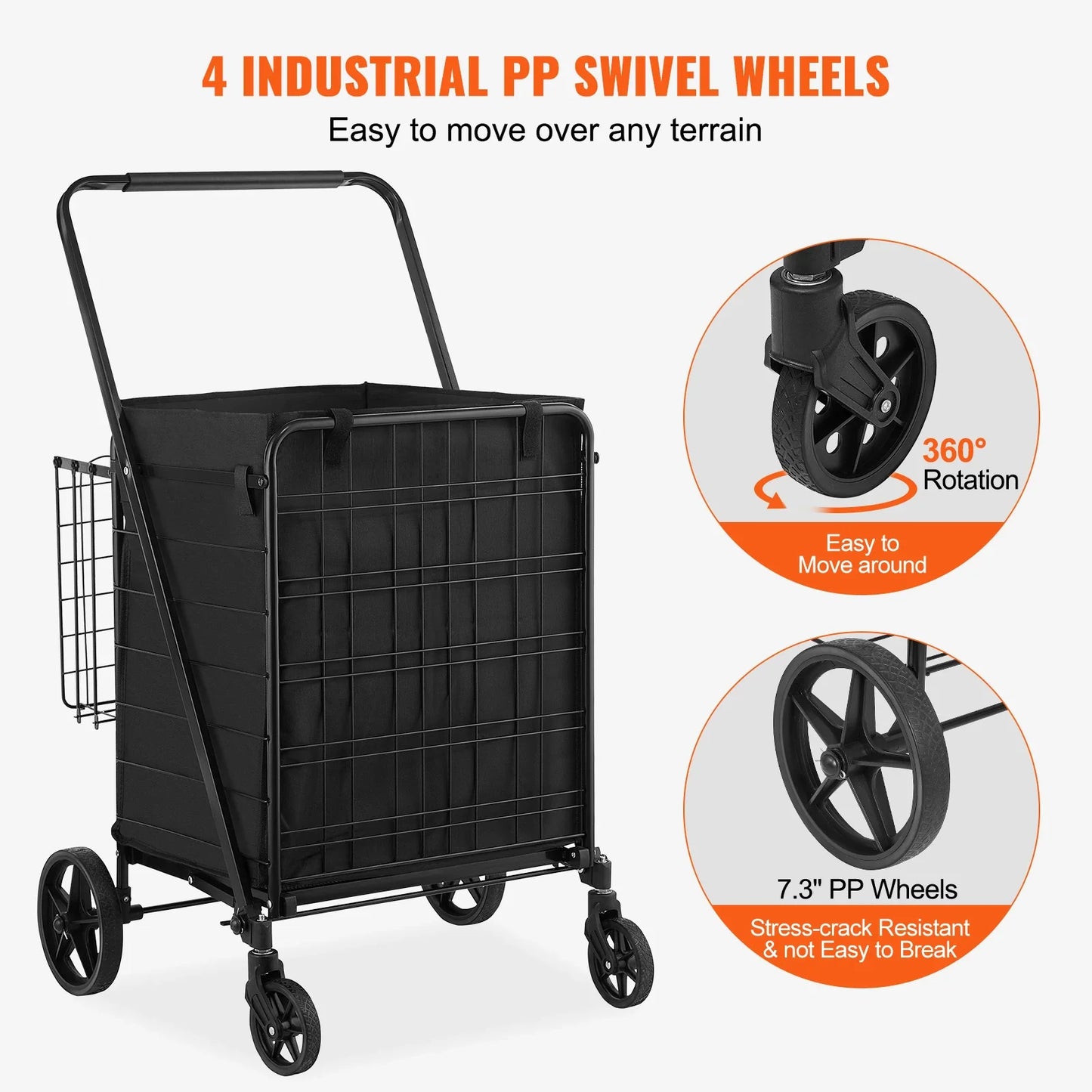SucceBuy Folding Shopping Cart with Removable Waterproof Liner — Large Capacity 106/330LBS, 360° Swivel Wheels, Metal Mesh Base