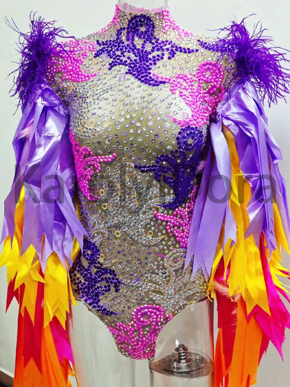 Colorful Feather Sleeve Rhinestone Bodysuit – Women’s Nightclub Party Dance Performance Costume