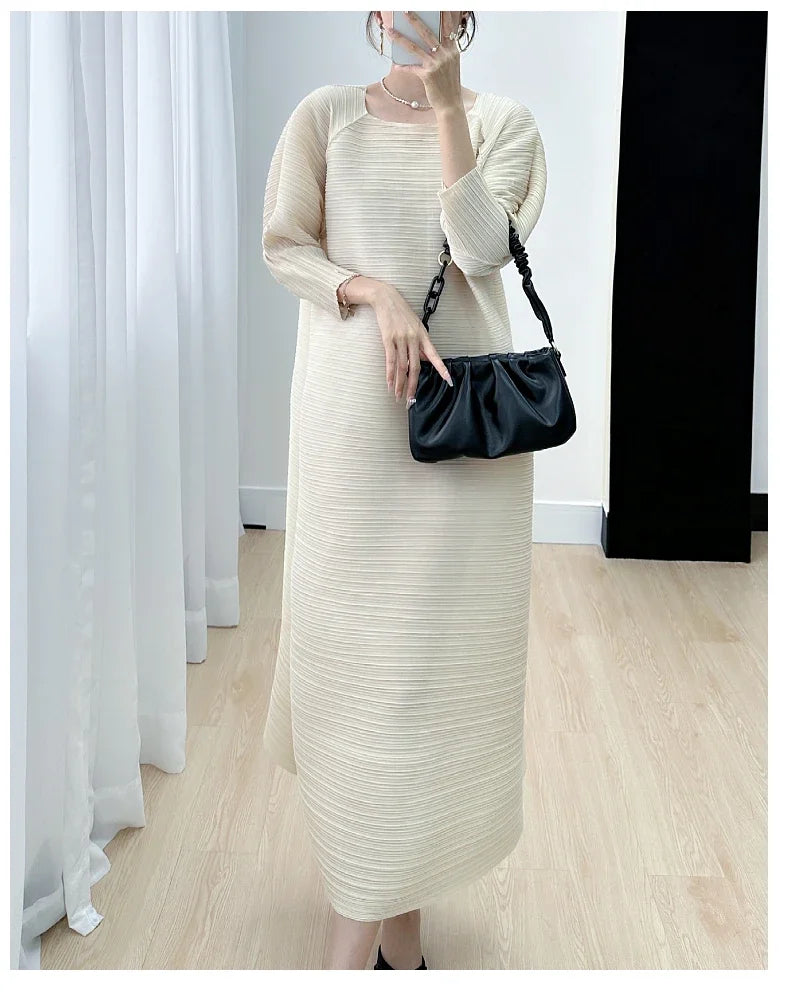 2023 Women's Miyake Pleated Long Dress – Full Sleeve, Round Neck, Korean Fashion, Plus Size Summer Style