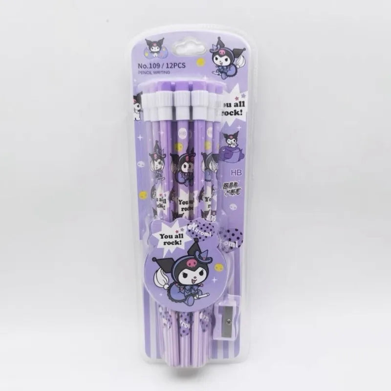 12pcs Sanrio Cinnamoroll & Kuromi Cute Cartoon HB Pencils - Writing & Drawing Stationery Box Set with 12 Pencils & 1 Pencil Roller
