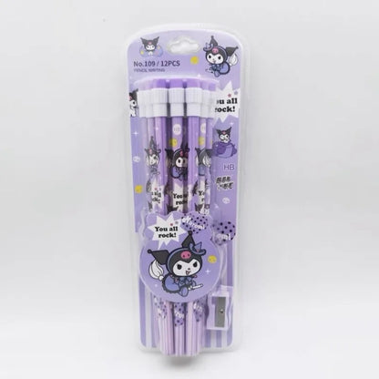 12pcs Sanrio Cinnamoroll & Kuromi Cute Cartoon HB Pencils - Writing & Drawing Stationery Box Set with 12 Pencils & 1 Pencil Roller