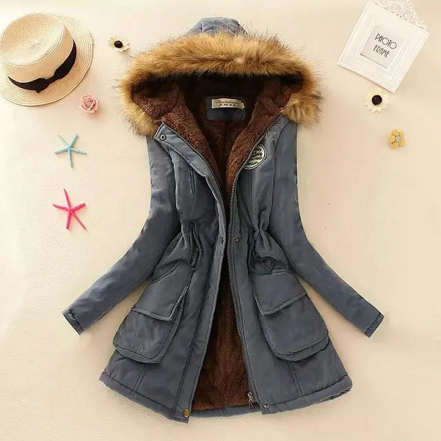 2024 Women's Winter Cotton Jacket – Slim Fit Hooded Parka, Embroidered Padded Warm Casual Overcoat