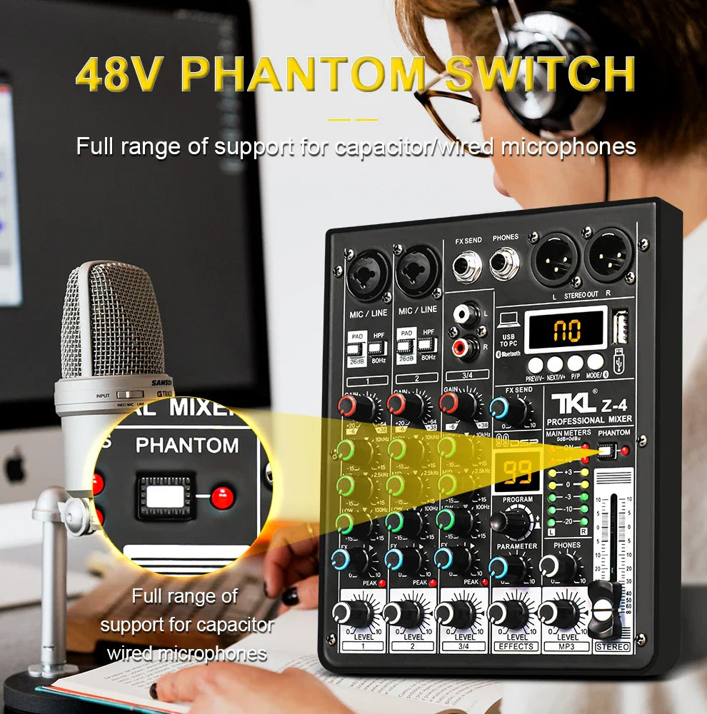 TKL 4 Channel DSP Audio Mixer – 99 Effects, 48V Phantom Power, USB, Bluetooth DJ Console for Karaoke and Studio Sound