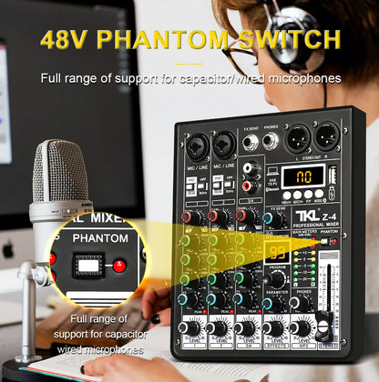TKL 4 Channel DSP Audio Mixer – 99 Effects, 48V Phantom Power, USB, Bluetooth DJ Console for Karaoke and Studio Sound