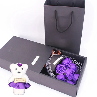 Handmade 7 Rose Soap Bouquet with Little Bear Gift Box – Creative Valentine’s, Mother’s Day & Birthday Flower Gift