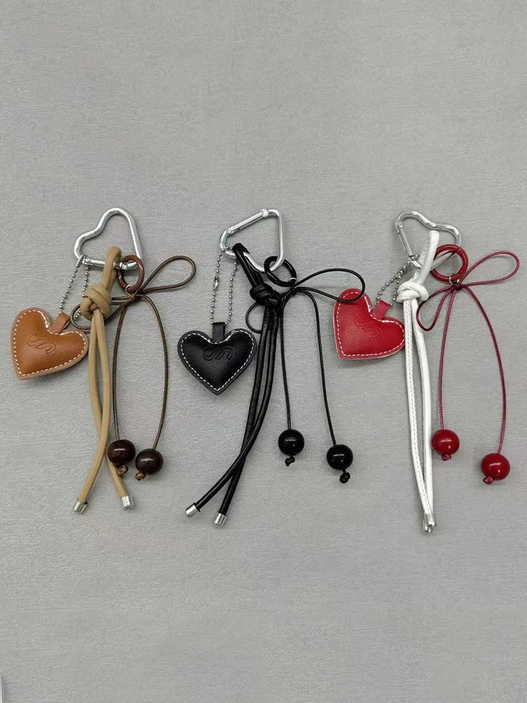 Y2K Leather Rope Keychain with Cherry Bow – Cute 3D Heart Bag Pendant Cartoon Keyring & Anti-Lost Phone Lanyard