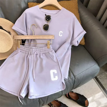 Women’s Two-Piece Sports Tracksuit – C Letter Print Short Sleeve T-Shirt with Drawstring Shorts, Exercise & Casual Wear