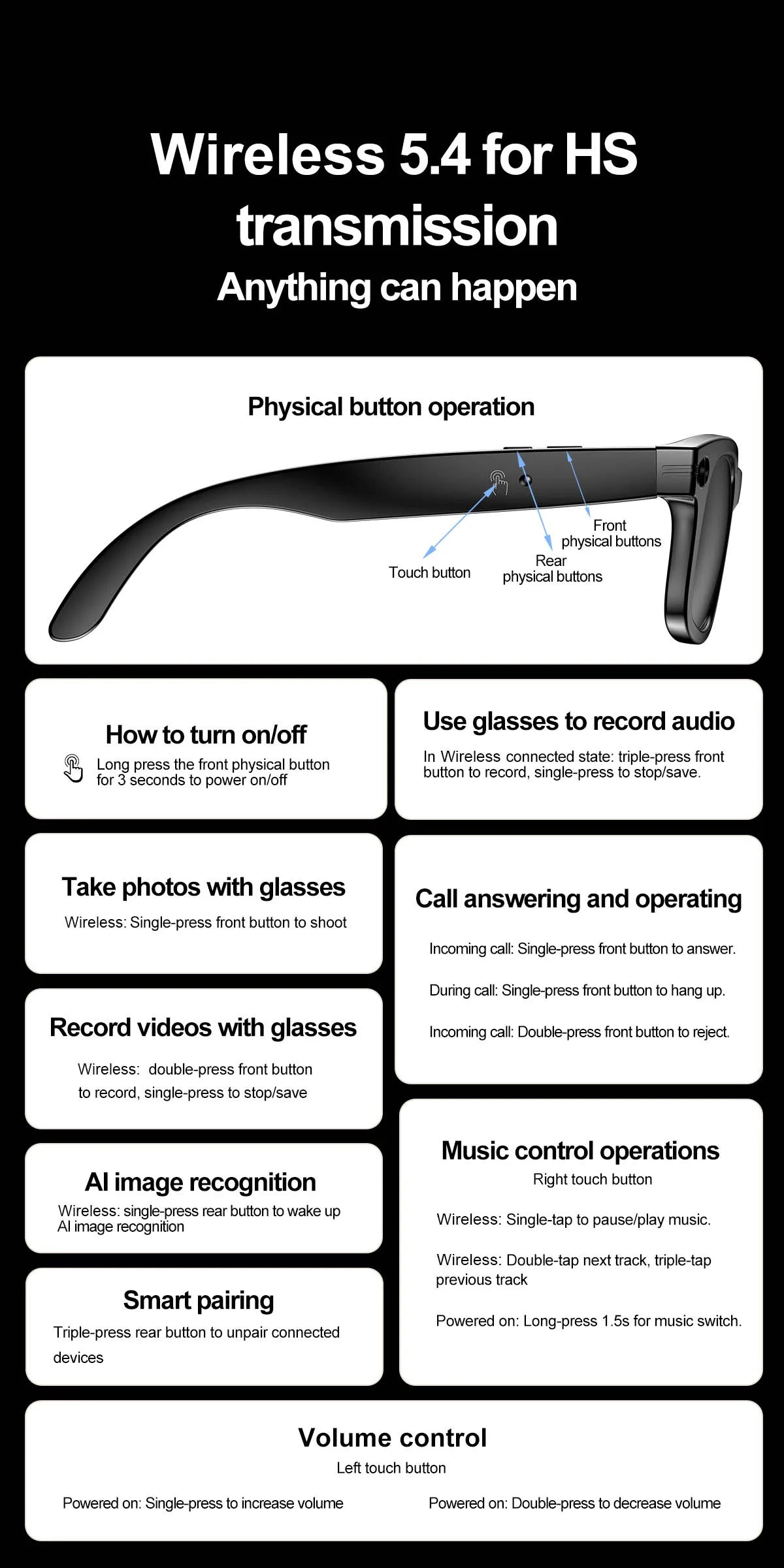 Smart AI Glasses — Video Recording, Photo Recognition, Translation, Bluetooth with 260mAh Battery, IP65 Waterproof