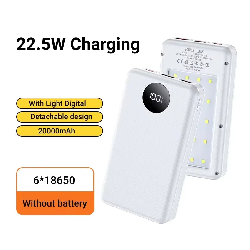 6×18650 20000mAh Power Bank Case – 22.5W Fast Charge & 15W Wireless Charging Battery Holder for Phones