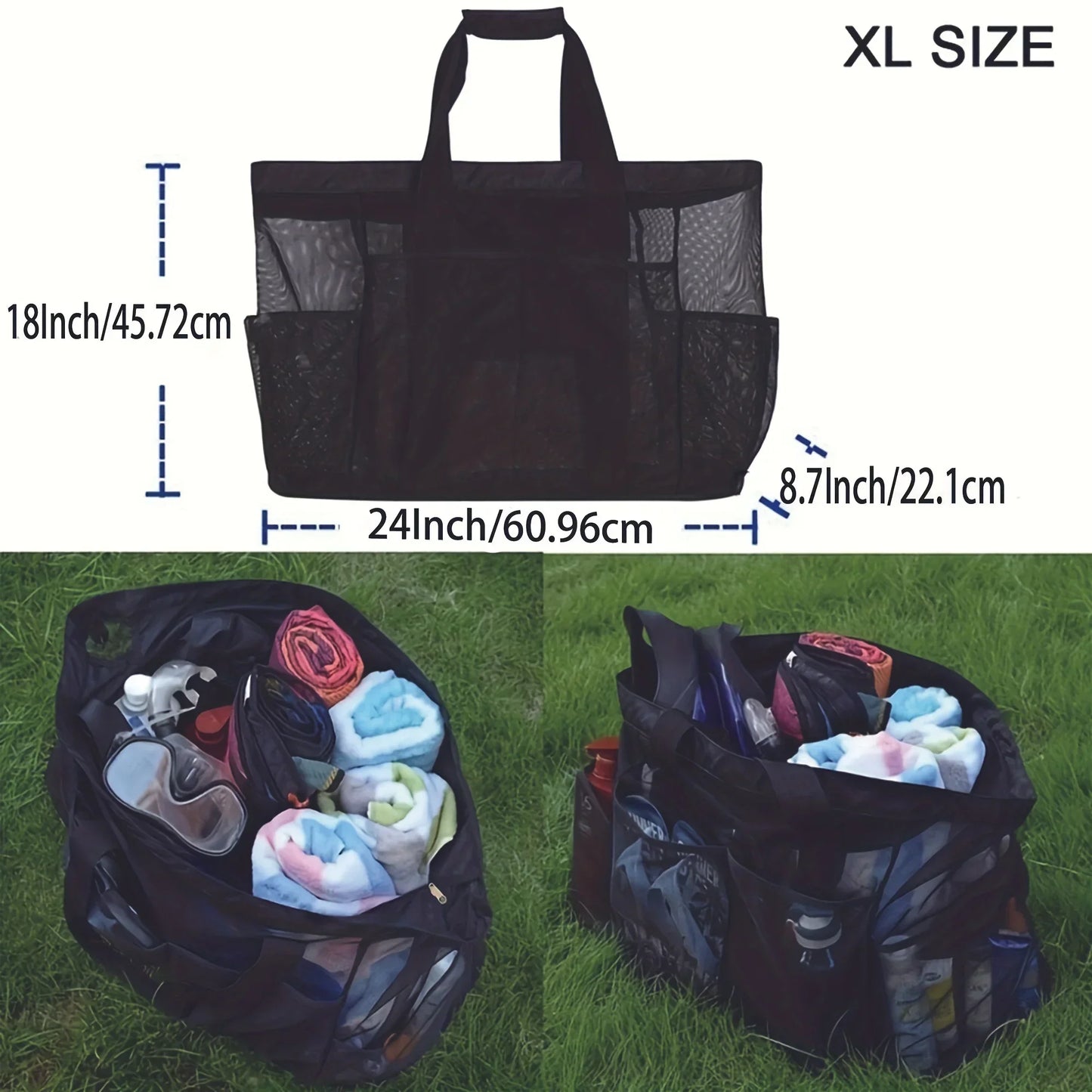 Extra Large Mesh Beach Bag - Breathable Tote with Zipper & Side Pockets, Portable Large Capacity Organizer Bag