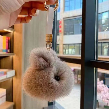 Fluffy Pompon Rabbit Keychain Rings – Cute Bunny Charm Bag & Car Key Pendant, White & Grey