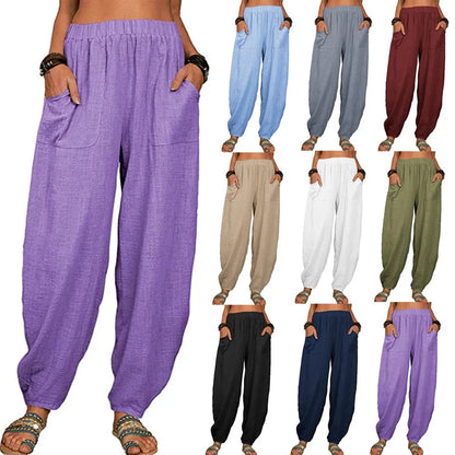 Women’s Casual Cotton Linen Harem Pants – Loose Fit Wide Leg Summer Lounge & Homewear Breathable Long Trousers LRFZ-922