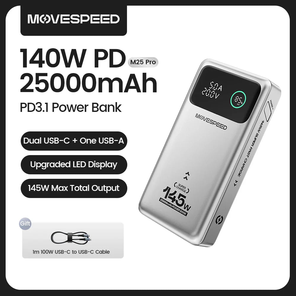 MOVESPEED M25Pro 140W Power Bank – 25000mAh Portable External Battery with Type C Fast Charge for iPhone, MacBook & Laptop