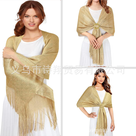 Gold & Silver Thread Tassel Scarf – Elegant Beach, Wedding & Party Fashion Shawl Accessory SJ15