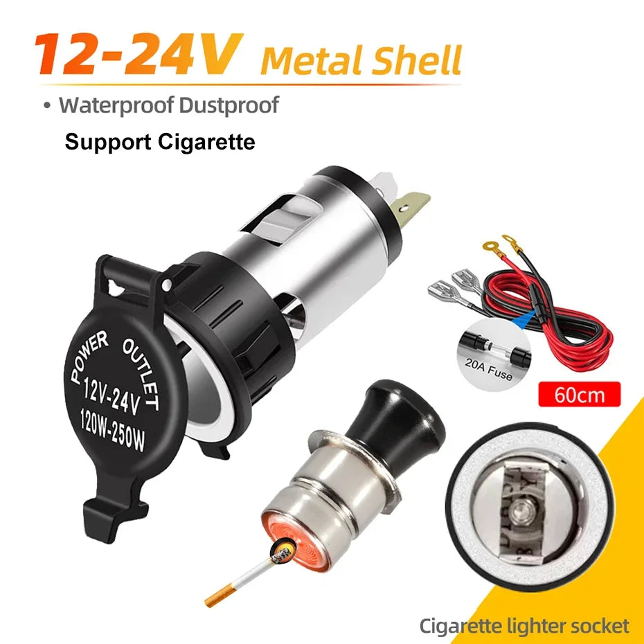 Universal Car Cigarette Lighter Socket Adapter 12V–24V – Portable Power Outlet Converter 120W–250W for Car, Truck, Motorcycle & Boat Accessories
