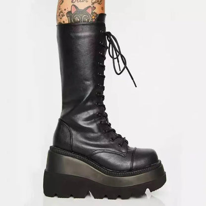 Women’s Winter Platform Combat Boots – Black Leather Punk Goth Military Ankle Booties