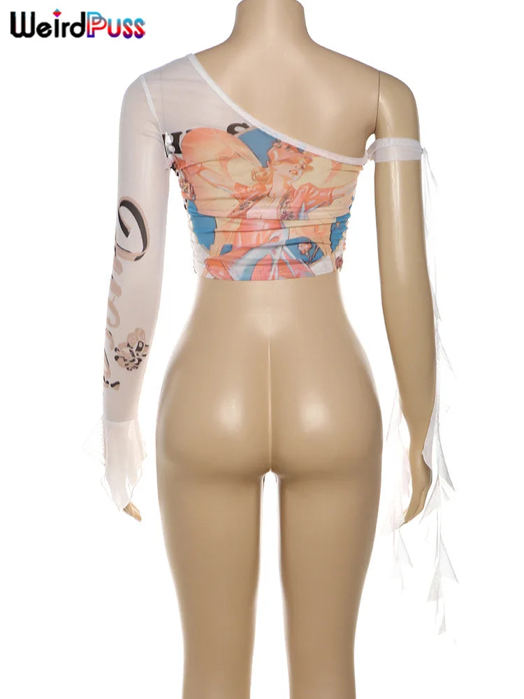 Weird Puss One-Shoulder Crop Top for Women – See-Through Bandage Graphic T-Shirt, Sexy Summer Clubwear 2024