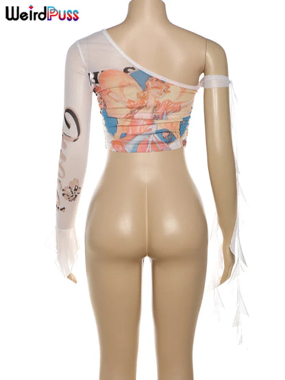 Weird Puss One-Shoulder Crop Top for Women – See-Through Bandage Graphic T-Shirt, Sexy Summer Clubwear 2024