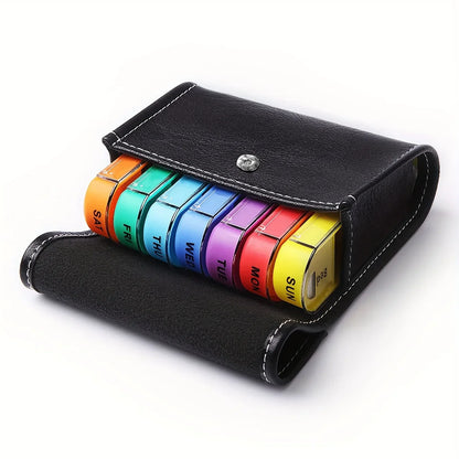 Weekly Pill Organizer Box – Travel Medication Reminder with AM/PM Compartments in Leather Carrying Case