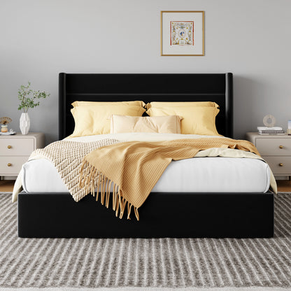 HOOMIC Lift-Up Storage Bed with Wingback Headboard - Heavy-Duty Hydraulic Platform Bed with Large Underbed Storage