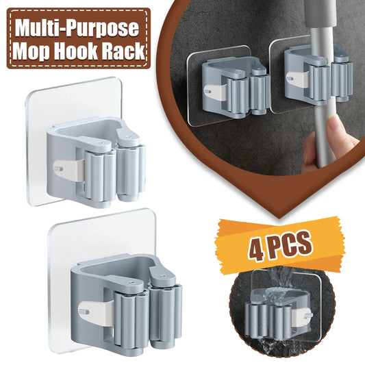 Wall-Mounted Mop Organizer Holder: Waterproof Storage Rack with Broom Hanger Hooks - Set of 4 Household Tools