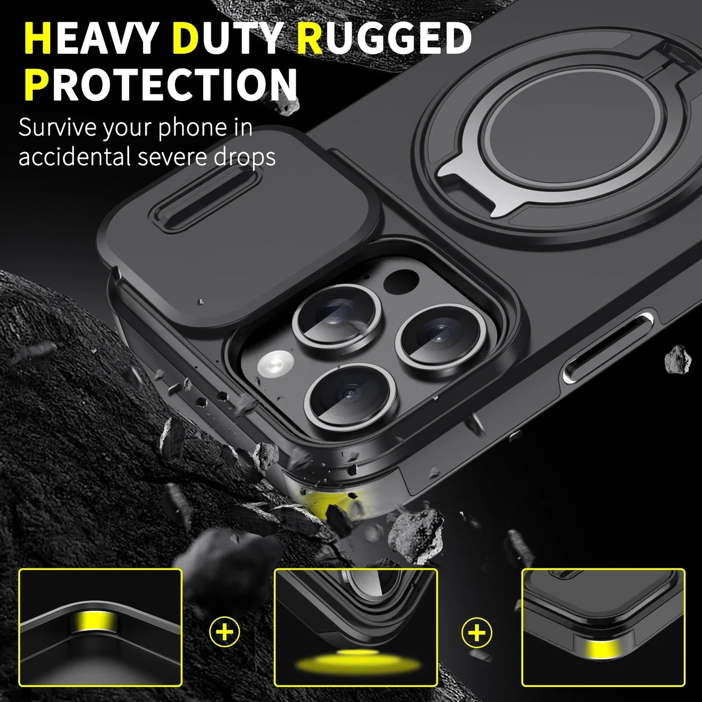 Heavy Duty Rugged Magnetic Ring Stand Case for iPhone 11–16 Pro Max Plus with Slide Camera Protection & MagSafe Compatible Cover