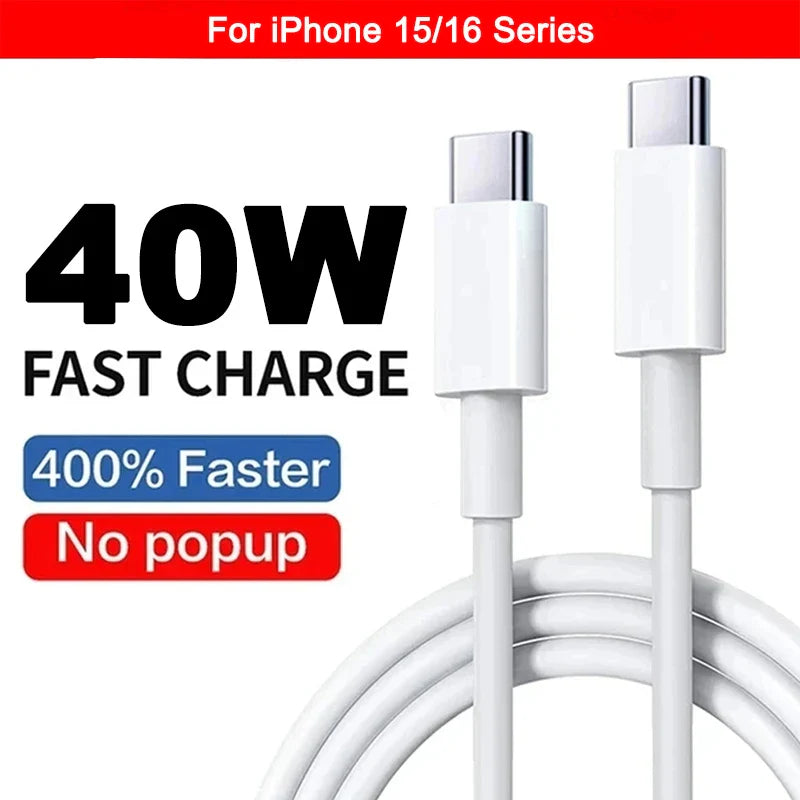 Original 40W PD USB-C Fast Charger Cable – Data Sync & Charging for iPhone 7-16 Series, iPad, USB Type-C Devices