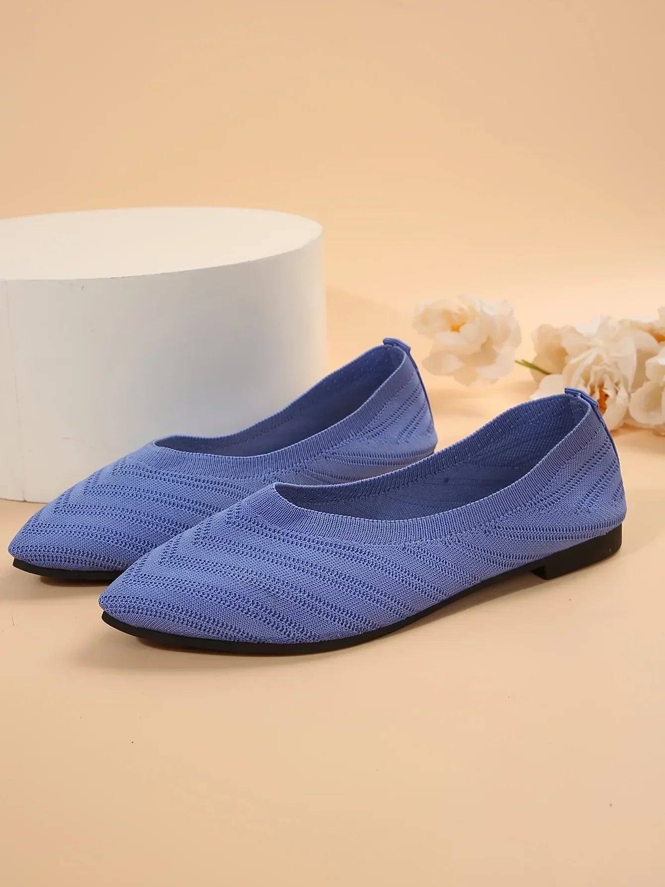 Women’s Pointed Toe Knitted Slip-On Flats – Solid Color Casual Breathable Ballet Loafers