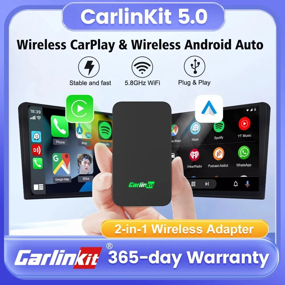 CarlinKit 5.0 Wireless CarPlay and Android Auto Adapter - 3 in 1 Wireless Car Adapter for Mazda, Toyota, Peugeot, Volvo, Kia - Supports Spotify