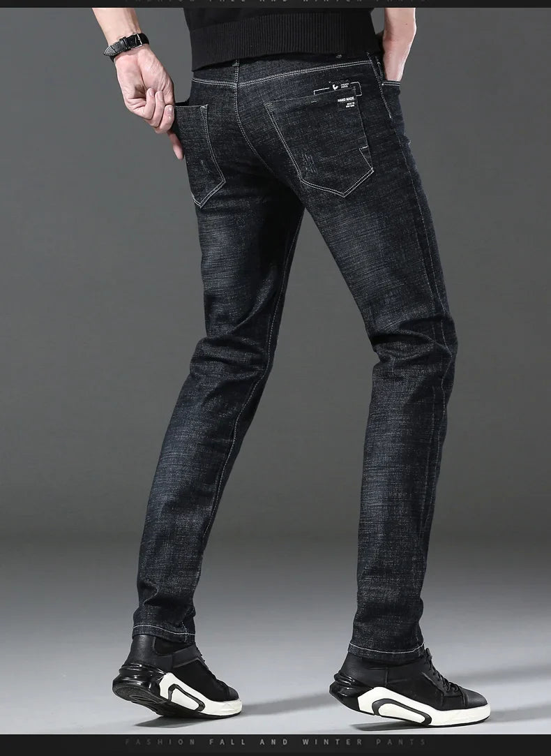 Men’s Casual Comfortable Jeans – Straight Loose Fit High Waist Elastic Trousers for All Seasons & Office Wear