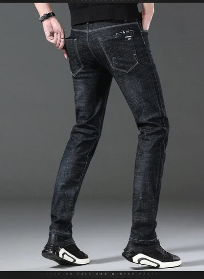 Men’s Casual Comfortable Jeans – Straight Loose Fit High Waist Elastic Trousers for All Seasons & Office Wear