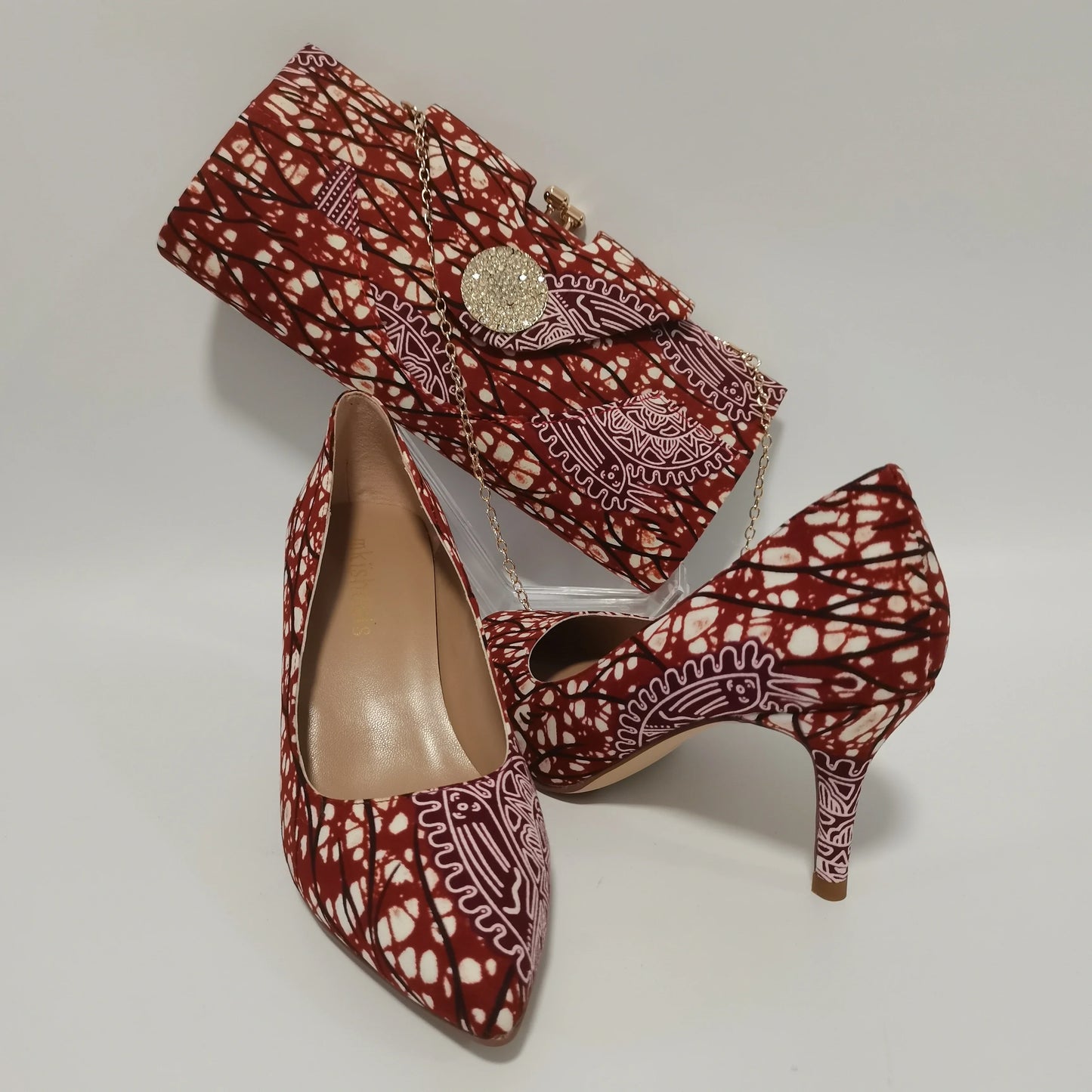 African Ankara Women’s Block Heel Shoes & Purse Set - Nigerian-Inspired Pointed Toe Fashion Accessories