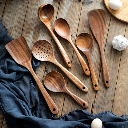 Wood Kitchenware Cooking Set – Spatula, Salad Spoon, Fork & Stirring Spoons with Storage Bucket for Kitchen & Baking