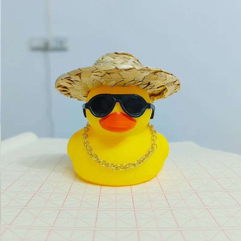 Cool Rubber Duck Car Ornament - Yellow Duck with Glasses, Propeller Helmet, and Gold Chain for Dashboard Decoration